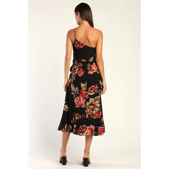 NWOT Lulus Divine Blooms Black Floral Print One-Shoulder Midi Wrap Dress Large - Picture 4 of 10